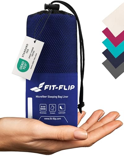 Fit-Flip Sacco Lenzuolo da Viaggio Microfibra - Sacco a pelo con scomparto per cuscino - Sacco Letto singolo ultraleggero e compatto - Sacco a Pelo leggero Estivo (blu)