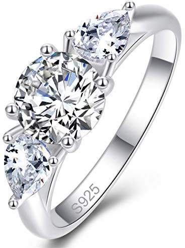 Bonlavie Silver Ring for Women, 925 Sterling Silver Pear and Round Cut White Cubic Zirconia Engagement Ring for Girls - O