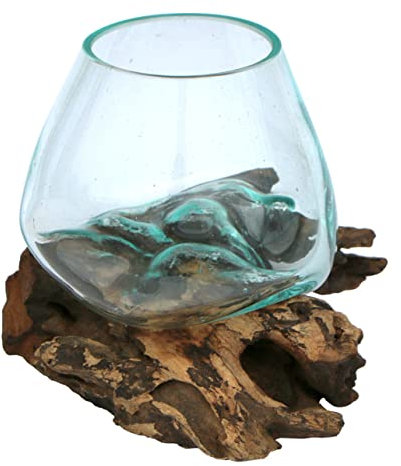 Wogeka - Handgefertigte Deko Glasvase – Ø 10 cm, Unikat Vase aus Glas auf Wurzelholz & Teak Holz – Mundgeblasen – Dekoholz & Naturprodukt für Tischdeko, Wohnzimmer, Balkon & Terrasse, XS