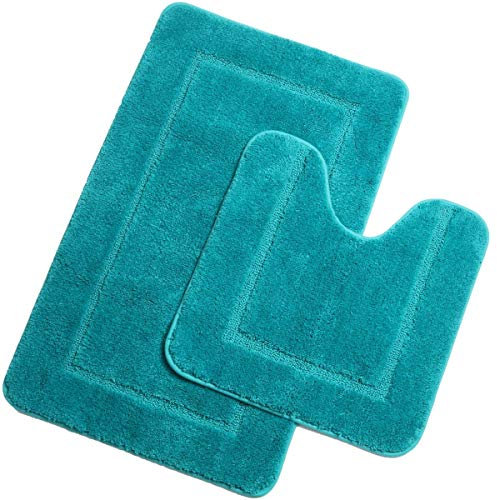 Pauwer Mikrofaser Badematten Set 2 teilig rutschfest Waschbare Badteppich Badvorleger und WC Vorleger Saugfähiges Badezimmerteppich Set(Türkis, 53 x 86 cm + 50 x 50 cm)