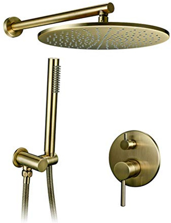 WYH Duscharmatur Unterputz Set, Massivem Messing Badezimmer Runde 8-12 Duschkopf Luxus Duschmischer Gold Gebürstet Duschsystem Regendusche Mixer Mit Handbrause Und Duschschlauch Set, 12inch
