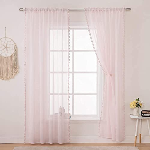 MIULEE Voile Gardine Pompons Stangendurchzug 2er Set B140 H175 Rosa | Luftige Voile-Gardine mit Pompons und Stangendurchzug, kinderfreundliches Design, dekorativ für, Schlafzimmer und Wohnzimmer