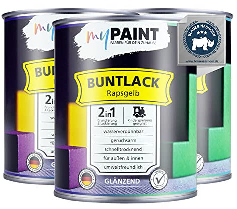 myPAINT® vernice colorata 2in1 (2,25L, RAL 1021 giallo colza) extra lucido vernice acrilica - vernice per giocattoli per bambini - vernice per legno - vernice per legno da interni