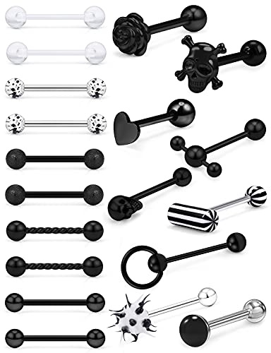 Leiainely Black Tongue Rings Piercing Jewelry 14g for Women Men 14 Gauge Metal Plastic Silicone Acrylic Balls Surgical Stainless Steel