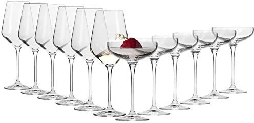 Krosno Glasses Set | 6x Large White Wine Glasses 13.2 oz + 6x Champagne Saucer Coupe Glasses 8.1 oz | Perfect for Home, Restaurants and Parties | Dishwasher Safe