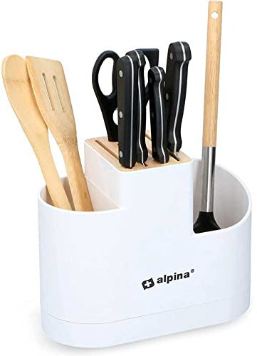 Bakaji Contenitore Organizer Porta Mestoli Utensili Cucina 2 Scomparti + Ceppo Portacoltelli per 4 Coltelli e Forbici in Plastica e Legno con Vassoio Raccolta Acqua Dimensione 25,5 x 12 x 21 cm