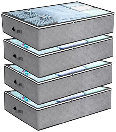 JMIATRY 4 Pack Underbed Storage Boxes with Lid, 100L Foldable Underbed Storage Bags with Handles and Zips, Non Woven Under Bed Storage Bag for Quilts, Clothes, Blankets and Clothes