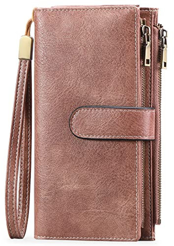 GOIACII Geldbörse Damen, Portemonnaie Damen Leder, RFID Blocking groß und im Langformat Geldbeutel Damen mit Mehreren Kartenfächern Fächern, Abnehmbarer Handschlaufe