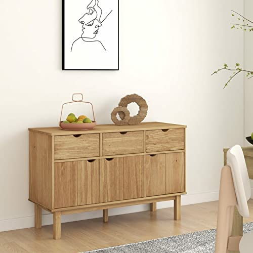 Festnight Aparador Alacena de Cocina de Maciza de Pino Aparador de Cocina con 3 Cajones 3 Puertas y Estantes Mueble Auxiliar de Almacenaje para Comedor Salón Estilo 114x43x73,5 cm