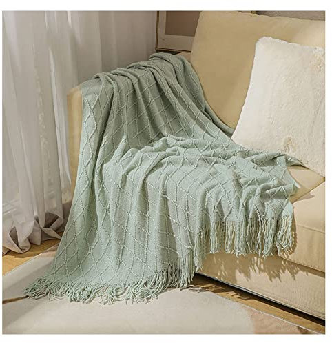 Warme Strickdecke bettüberwurf Sofadecke überwurfdecke Abdeckung Kuscheldecke Gestrickte Decke Quaste dünne Decke Schlafdecke Waffelwürfe für Schlafzimmer, Couch, Reisen HeGrün