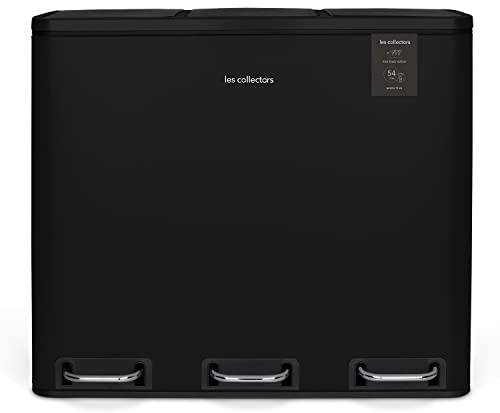 Les Collectors Mülleimer N°988, 54 L, passend für 30–60-Liter-Säcke, 3 Fächer 18L, Küchen-Tretabfalleimer Edelstahl, Fassungsvermögen, herausnehmbarer Inneneimer, elegantes Design, Schwarz