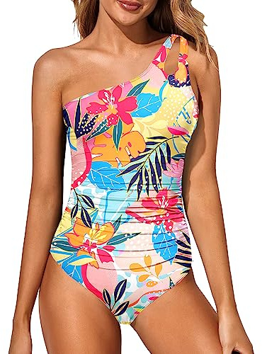 Holipick One Shoulder One Piece Swimsuit for Women Tummy Control Bathing Suits Modest Full Coverage Keyhole Swimwear