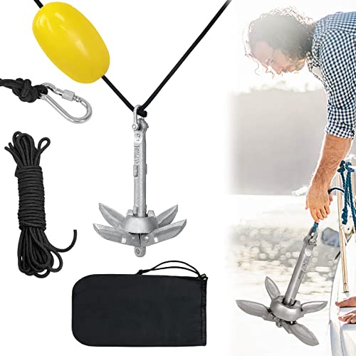 Aufun Bootsanker Faltklappanker Klappanker Anker für Boote, Klappanker mit 10m Ankerleine, Verdickt Gezahnt, Eisenverzinkte Klappdraggen, Verzinkt Faltanker Gusseisen Faltanker (0,7KG)