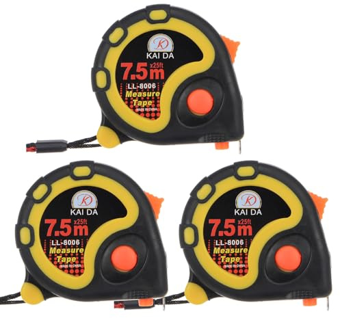 sourcing map 3pcs 7.5 Mètre Ruban Mesure, Métrique 25mm Large Lame (0.11mm THK) avec Blanc Revêtement Mat Finition, ABS Plastique et TPR Caoutchouc Boîtier, Jaune Noir