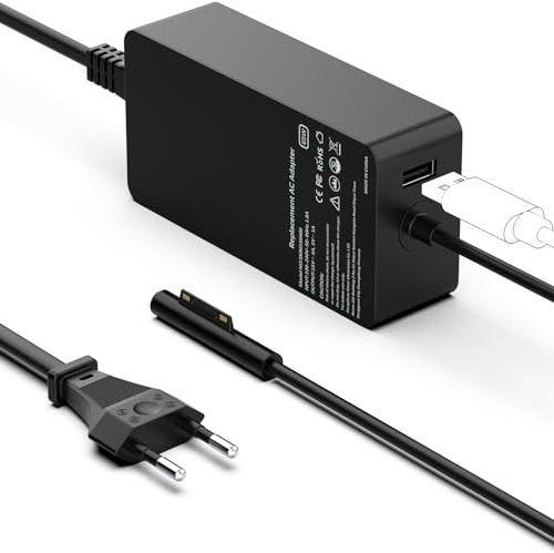 65W 44W Chargeur Surface Pro 15V 4A Compatible avec Surface Pro 9/8/7/7+/6/5/4/3/X, Surface Laptop 3/2/1, Surface Go 2/3, Surface Book 1/2, Tablette Chargeur avec Port USB