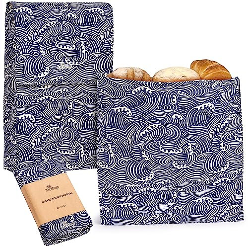 Li'l Things Eco-friendly Reusable Beeswax Bread bags | Improved Beeswax Coating | Set of 2 Sizes |13'x13' & 15’x9’ | 6 Different Themes | Home-Baked Store-Bought Bread | Japanese Araumi Waves