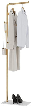 LOFTPLUS Garderobenständer Stabil Metall Kleiderstange - 170cm Modern Kleiderständer mit Haken für Kleidung, Taschen and Schuh, Coat Rack für Entryway, Wohnzimmer, Schlafzimmer, Büro(Gold)