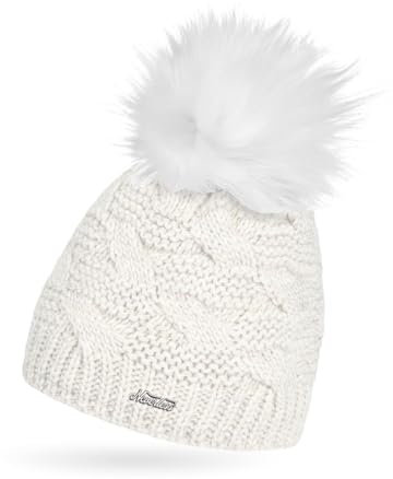 Neverless® Damen Strick-Mütze Winter Grobstrick Gefüttert Fleece Fell-Bommel Kunstfell Bommelmütze Weiss Unisize