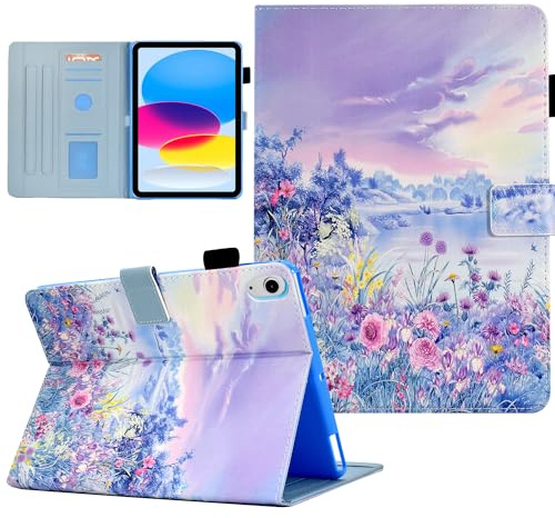 Case for iPad (A16) 11th Generation 11 inch 2025, iPad 10th Generation 10.9 inch 2022, Cute PU Leather Stand Cover, Auto Wake/Sleep Smart Shell with Pencil Holder, Purple Flower