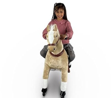 FINOOS Pony Ride - Schaukelpferd - Fahrt auf Pferd - Kuscheltier auf Rollen - Kinder - Pony - Tierlaute Pferd - Reiten - Plüschtier - Spielpferd - braun (Medium - 4-9 Jahre)