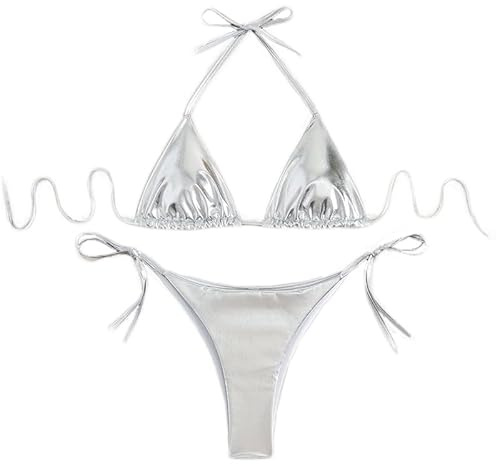 THSCWY Bikini da donna metallizzato, con allacciatura al collo, due pezzi, con laccetti laterali a triangolo, con imbottitura, Argento, M