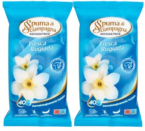 Foglietti Umidi Per Asciugatrice, Profumazione FRESCA RUGIADA Per Un Profumo Più Intenso. Azione Ammorbidente (Confezione Da 40 Foglietti) (2 Confezioni)