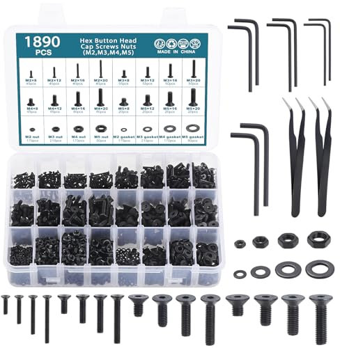 HSEAMALL Tornillos Allen Tornillo Hexagonal y Tuerca Kit Surtido con Arandelas y Llaves Hexagonales, M3 M4 10.9 Grado de Aleación de Acero (Negro, M2 M3 M4 M5 Tornillo hexagonal de cabeza plana)