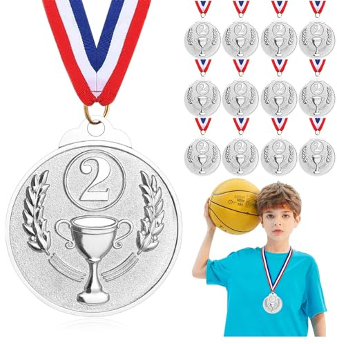 Hianjoo Medallas de Metal, Paquete de 12 Medalla de Ganador de Plata de Aleación de Zinc para Concursos Deportivos Futbol Baloncesto Tenis Fiesta Regalo Ortografía Abejas Medalla de Plata para Niños