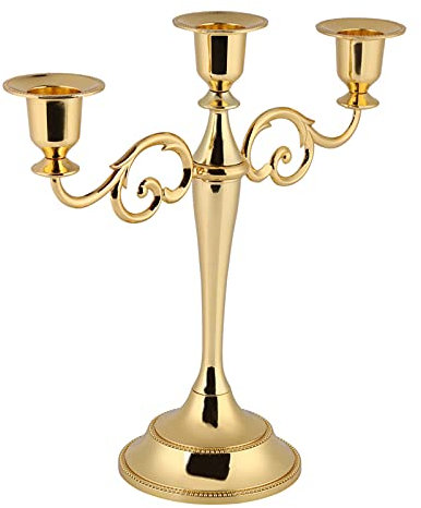 Akozon Vintage-inspirierter 3-Armiger Kerzenhalter aus Metall, Kandelaber Im Europäischen Stil, Hochzeitskerzenhalter für Heimdekoration und Feiern – Elegantes Gold (Gold)