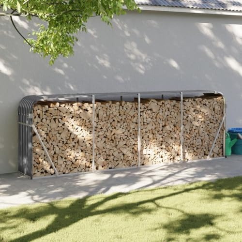 IKAYAA Legnaia da Esterno in Metallo Ripiano per Legna da Ardere Portaceppi Portalegna da Esterno Porta Legna da Esterno Capannone da Giardino in Acciaio Zincato-Antracite-300 x 45 x 100 cm