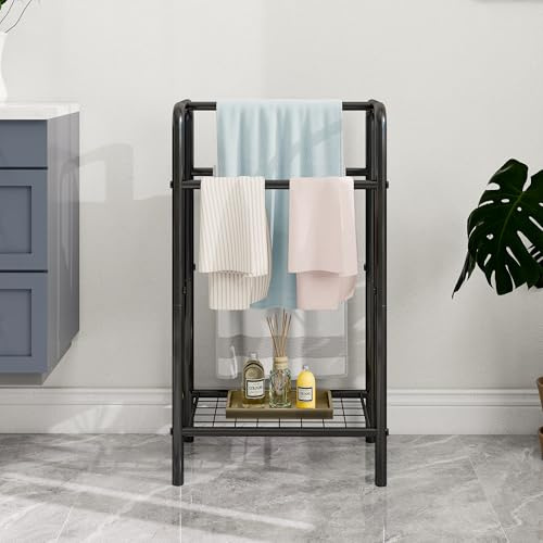 HAHRIR 3-stufiger Handtuchhalter aus Metall, Kleiner freistehender Handtuchhalter für das Badezimmer, platzsparend, Schlafzimmer, Badezimmer, Pool Display Rack (Schwarz, 43 x 27 x 76 cm)