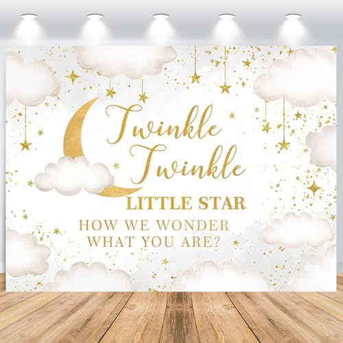 ASDCXZ Babyparty Foto Hintergrund 2.2x1.5m, Gold Glitter Twinkl Sterne Mond Wolke Gender Reveal Thema Fotografie Hintergrund Neugeborene Geburtstag Baby Dusche Party Kuchen Tisch Dekorationen Banner