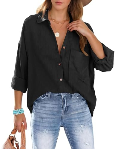 Xnova Womens Shirts Oversized Blouses Button Down, Collars Cotton Shirt Long Sleeve Tshirt with Pocket Business Casual V Neck Blouse Tops Loose Shacket Elegant for Ladies