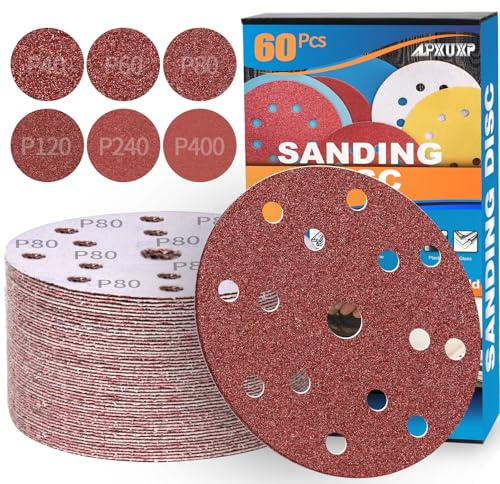 ALPXUXP 60 Pezzi Dischi Abrasivi 150mm,Rotondi Carta Vetrata Abrasiva 15 Fori in Rosso,per Levigatrice Orbitale(Grana 60/80/120/180/240/400 x 10)
