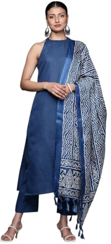 Jaanvi fashion Ensemble Kurta sans manches en pur coton avec pantalon et dupatta pour femme – Vêtement ethnique décontracté confortable et élégant, bleu, XXL