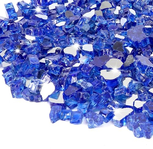 Mesida Vidrio de fuego para hoguera de propano, rocas de vidrio reflectantes de alto brillo de 10 libras, vidrio azul cobalto de 1/2 pulgada para chimenea y mesa de fuego, rocas decorativas templadas