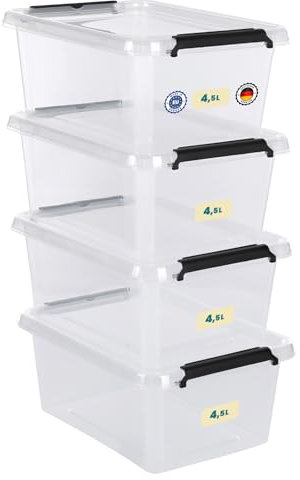 astor24 [Test SEHR GUT, NOTE 1.1] Aufbewahrungsboxen 4x 4.5 L, Aufbewahrungsbox mit Deckel, Aufbewahrung und Organisation, Organizer für Küche Büro Haushalt Schrank Schubladen [MADE IN EUROPE]