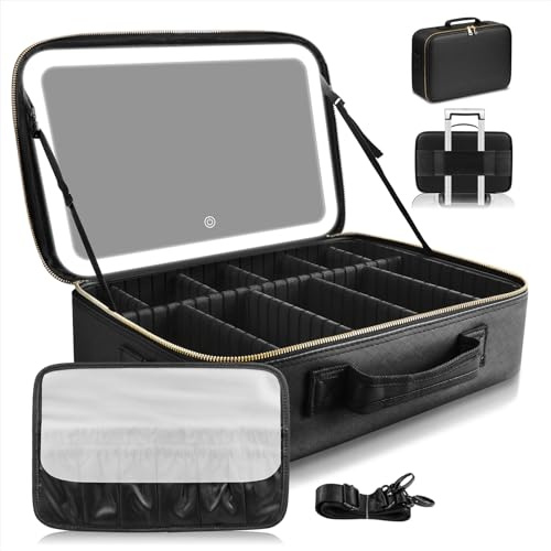 Jadazror 15''X11'' Large Capacity Makeup Bag with Mirror, Professional Makeup Bag Organizer with 3 Color Adjustable Brightness, Travel Make up Cosmetic Case with Detachable Dividers & Shoulder Strap