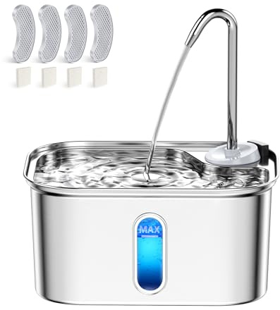 Fontaine à Eau en Acier Inoxydable pour Chat - 2,6L/88oz - Fontaine à Eau pour Chat - Distributeur d'eau pour Chien sans BPA (Argent, Fontaine+4Filtre)