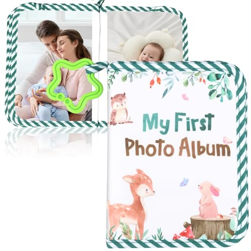 Baby Photo Album Soft Cloth Baby Memory Photo Album with Mirror Cute Toddler Family Memory Book Present 4X6 Pictures Kid Personalized Keepsake Gifts for Babies Shower Newborn Toddler (Green)