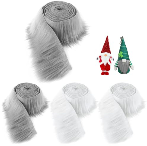 4 stycken fuskpäls för pyssel, 180 x 5 cm fuskpäls-band i grått och vitt, päls för pyssel, furry fuskpäls precut ränder för dvärgskägg, jultomthår, tomte, gör-det-själv pysseldekoration