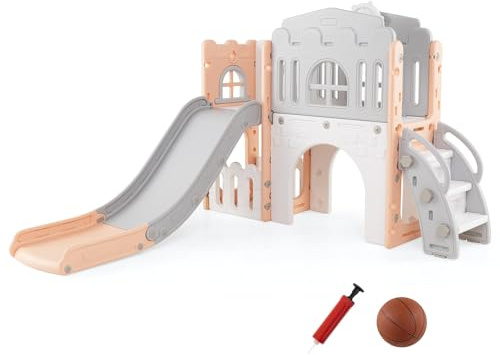 GOPLUS 9 en 1 Toboggan Enfant Bebe HDPE avec Panier de Basket-Ball, Allée, Tunnel et Espace de Stockage, Aire de Jeux Maison Cabane Interieur Exterieur Enfants 1+ Ans,Charge 30KG (Rose)