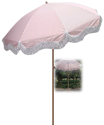 2m Beach Portable Tilt Garden Parasol, Outdoor - with Tassel, Tilt/fold, Pink and White Striped Patio Umbrella, Large Market Parasol-Without Base