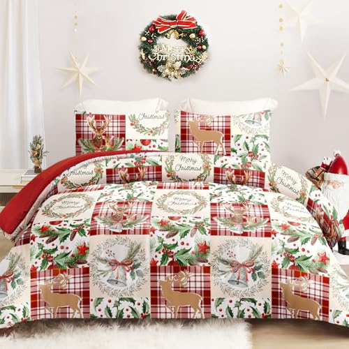 Exclusivo Mezcla Weihnachts-Bettdecke ohne Bezug, Warme und Weiche Schlafdecke Steppdecke mit 2 Kissenbezügen, Rotes Patchwork Muster mit bedruckten Rentieren und Kränzen, 220 x 230 cm