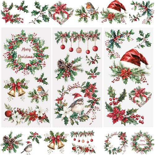 WANDIC 3 hojas de pegatinas para álbumes de recortes, diseño de bayas de acebo de Navidad, para manualidades, 15 x 30 cm