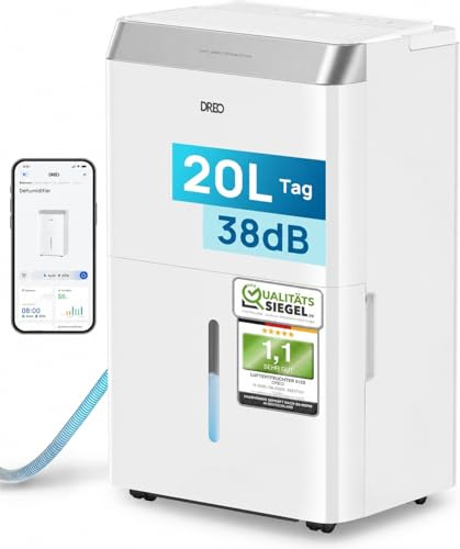 Dreo Luftentfeuchter elektrisch, App & WLAN, 20L/24h, Raumentfeuchter leise 35dB, 40m²/100m³, Entfeuchter energiesparend, 3 Modi, 3,4L Tank, Wäschetrockner & 24h Timer, für Schlafzimmer & Bad & Keller