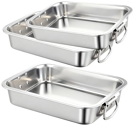 PORFOYO Auflaufform, 3-teiliges Braten- und Backform-Set, Edelstahl Bräter mit Haltegriffen, Rechteckiges Backblech, Backblech Edelstahl, Kuchenform Ofenform zum Kochen und Backen