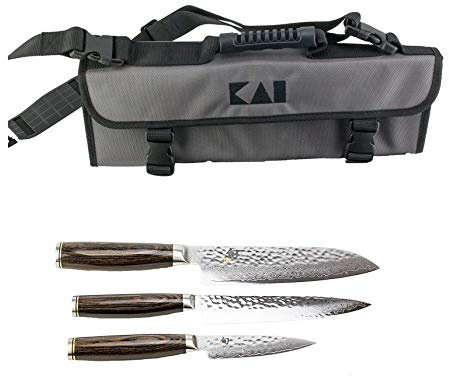 KAI Shun Tim Mälzer Damast-Messerset | KAI Messertasche + TDM-1700 (Officemesser) + TDM-1701 (Allzweckmesser) und TDM-1702 (Santoku)