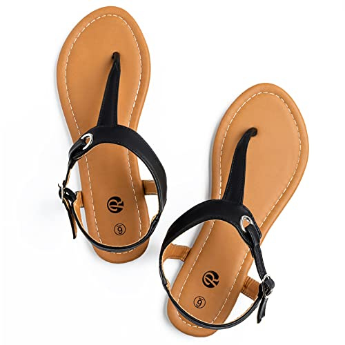 Rekayla Black Women's Flat T-Strap Sandals with Adjustable Buckle, Summer Casual Thong Sandals Comfortable Open Toe Slip-On Shoes, Size 9