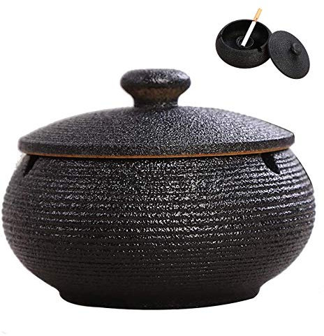 AMITD Zigarren Aschenbecher, Chinesische Keramik Aschenbecher Mit Einer Abdeckung Teetisch Couchtisch Klein Dekoration Wohnung Schlafzimmer Retro Zigarre Rauch Und Rauch,Runde Black（Schwarz） Runde